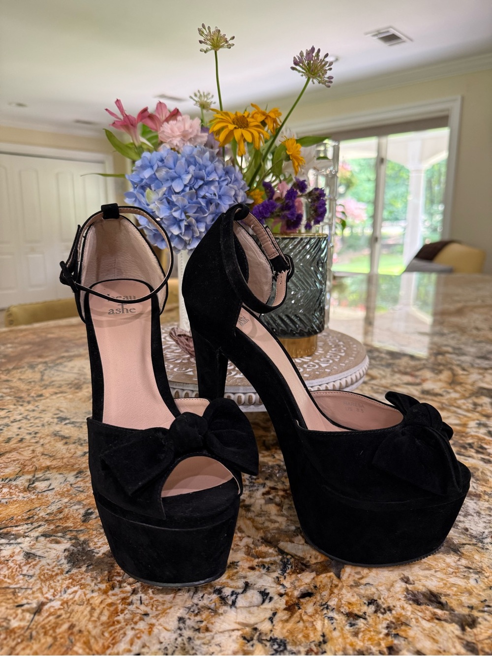 Beau & Ashe Black Suede Platform Peep-Toe Heels with Bow Ankle Strap
